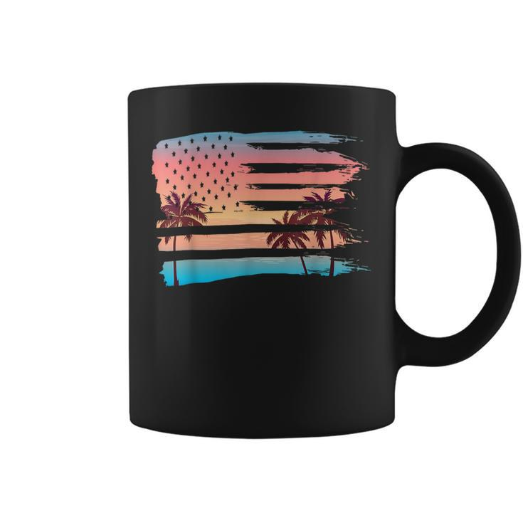 Vintage Tropical Summer-Holiday And Usa Flag Beach Palm Tree Coffee Mug