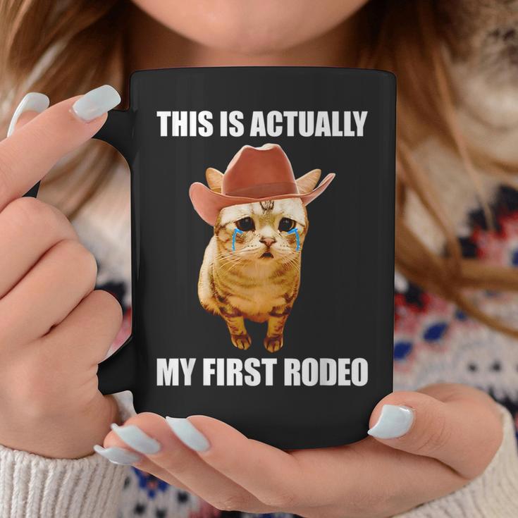 This Is Actually My First Rodeo Cowboy Cat Meme Coffee Mug - Monsterry