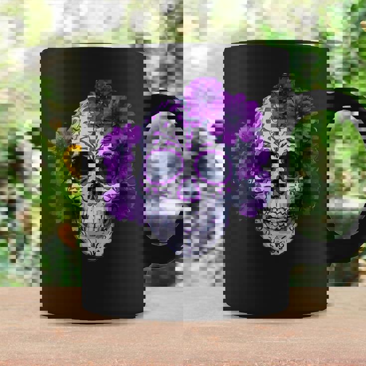 Purple Floral Black Sugar Skull Day Of The Dead Mexican Pray Coffee Mug Gifts ideas