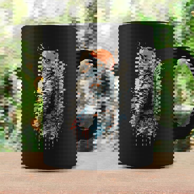 Samurai Gato Japonés Uniforme Pintura Retrato Gato Samurai Taza de café Ideas de regalos