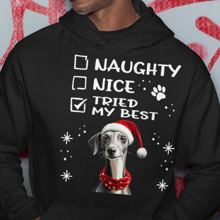 Niedlicher Whippet-Hund Weihnachten Naughty Nice Tried My Best Kapuzenpullover Lustige Geschenke