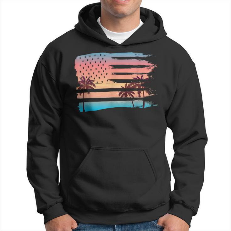 Vintage Tropical Summer-Holiday And Usa Flag Beach Palm Tree Hoodie