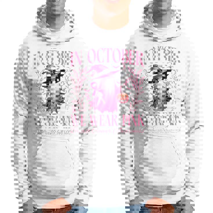 In October We Wear Pink Witch Ghost Pumpkin Breast Cancer Hoodie