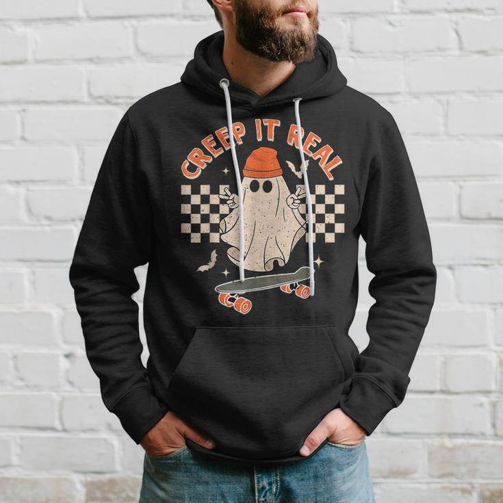Creep It Real Skateboarding Ghost Retro Halloween Costume Hoodie Gifts for Him