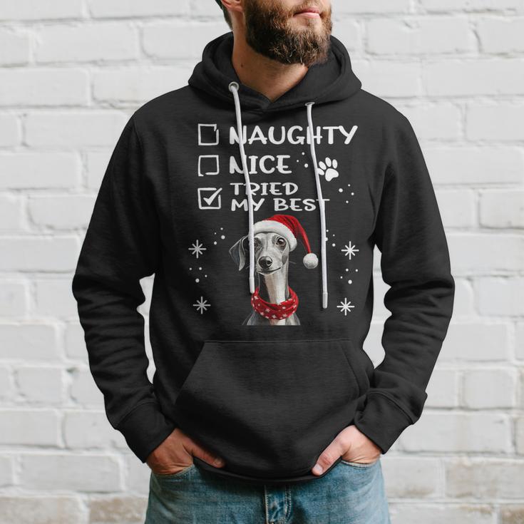 Niedlicher Whippet-Hund Weihnachten Naughty Nice Tried My Best Kapuzenpullover Geschenke für Ihn