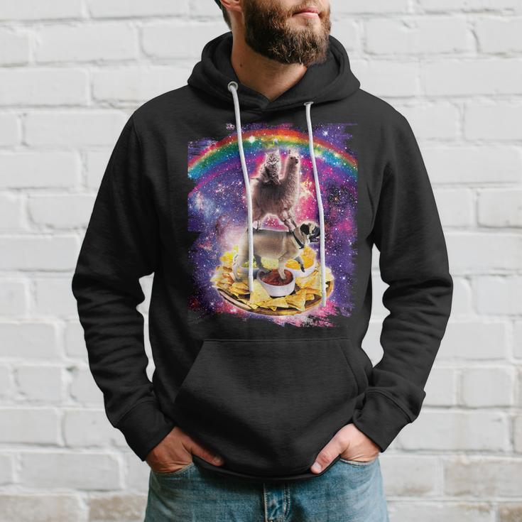 Space Cat Lama Pug Riding Nachos Kapuzenpullover Geschenke für Ihn