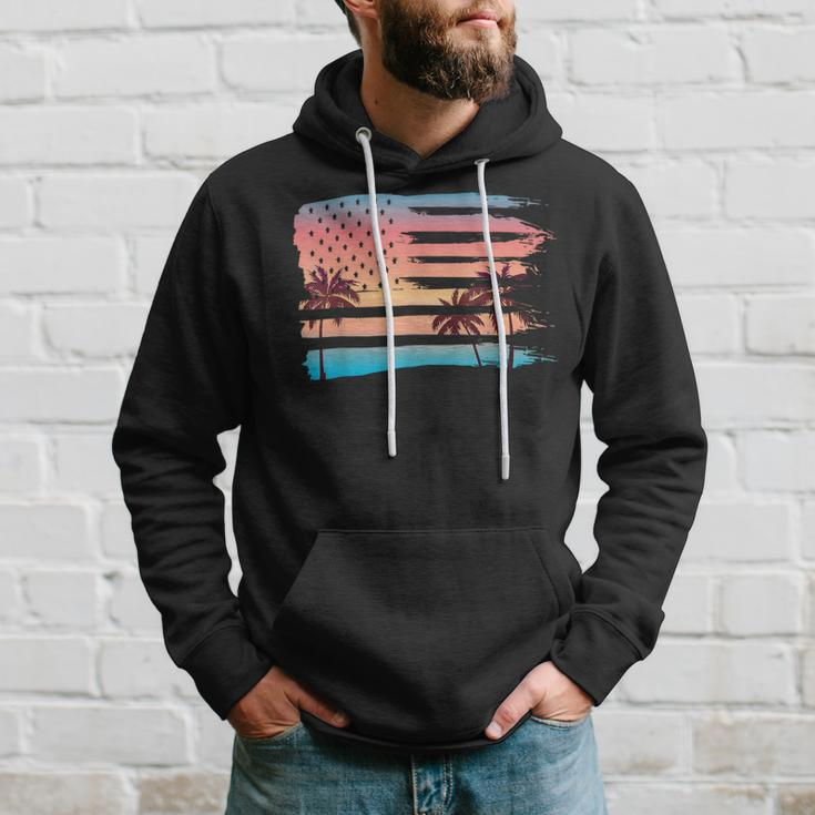 Vintage Tropical Summer-Holiday And Usa Flag Beach Palm Tree Hoodie Gifts for Him