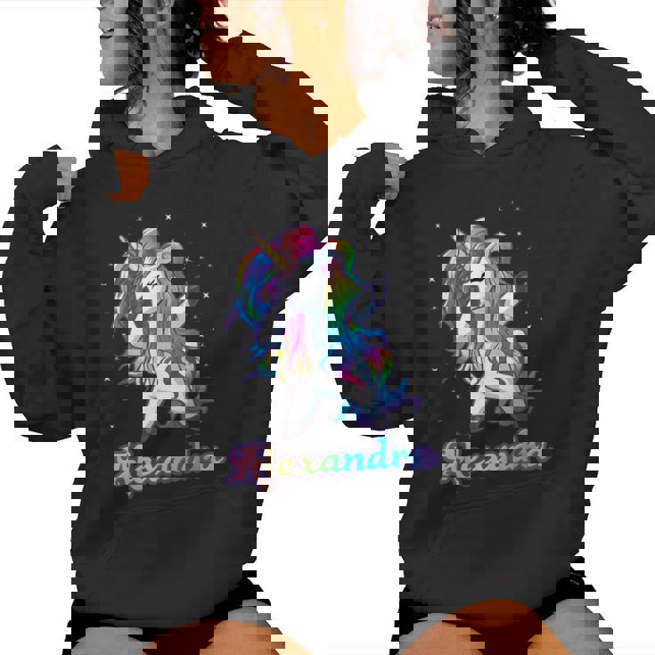 Alexandra Nombre Personalizado Rainbow Unicorn Dabbing Sudadera con capucha para mujer