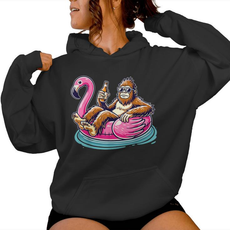 Bigfoot Chilling On Flamingo Float With Beer Fun Summer Vibe Women Hoodie