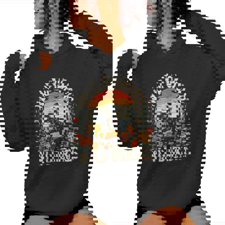 Sunset Cowgirl Riding Horse Wild Flowers Wild Horses Women Hoodie