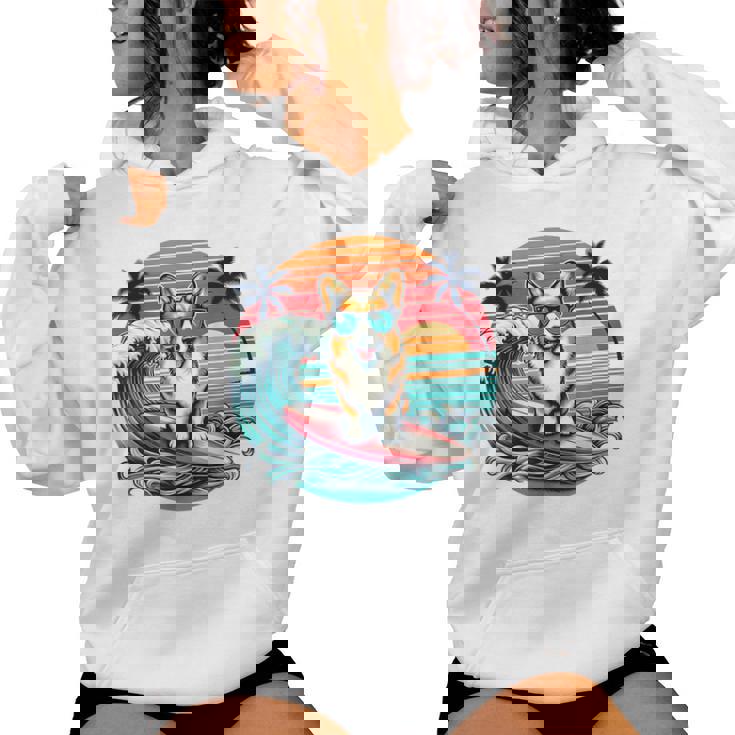 Surfing Welsh Corgi Retro Sunset Hombres Es Niños Perros Amante Sudadera con capucha para mujer