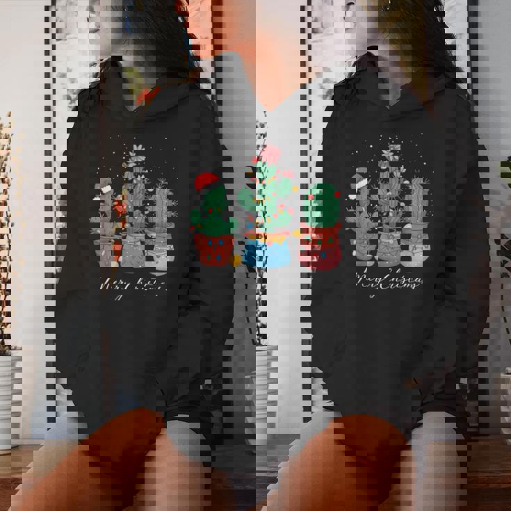 Merry Christmas Cactus Tree Lights Cactus Lover Xmas Women Hoodie Gifts for Her