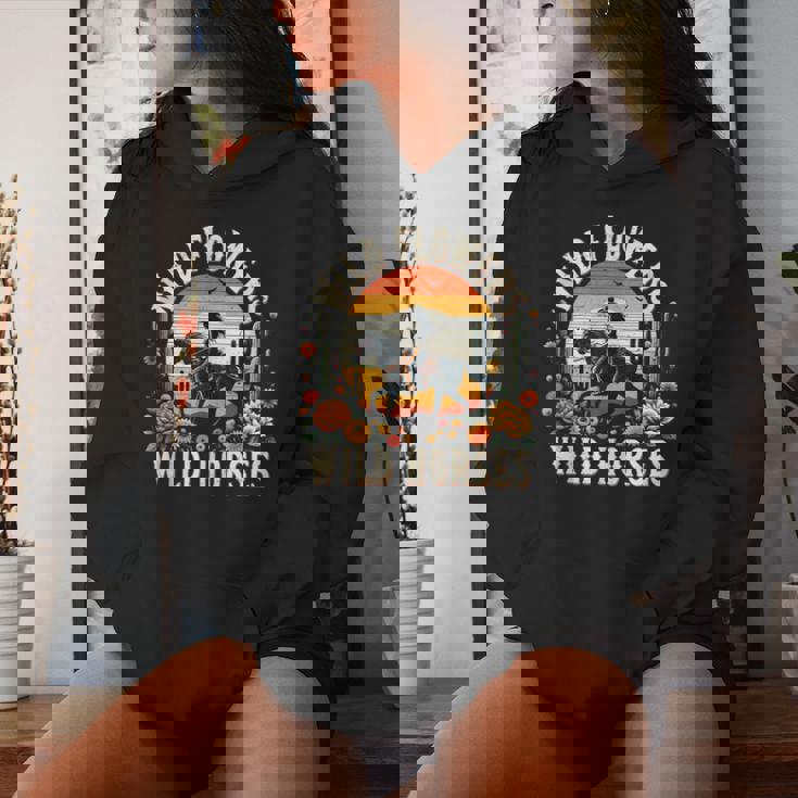 Sunset Cowgirl Riding Horse Wild Flowers Wild Horses Women Hoodie Gifts for Her