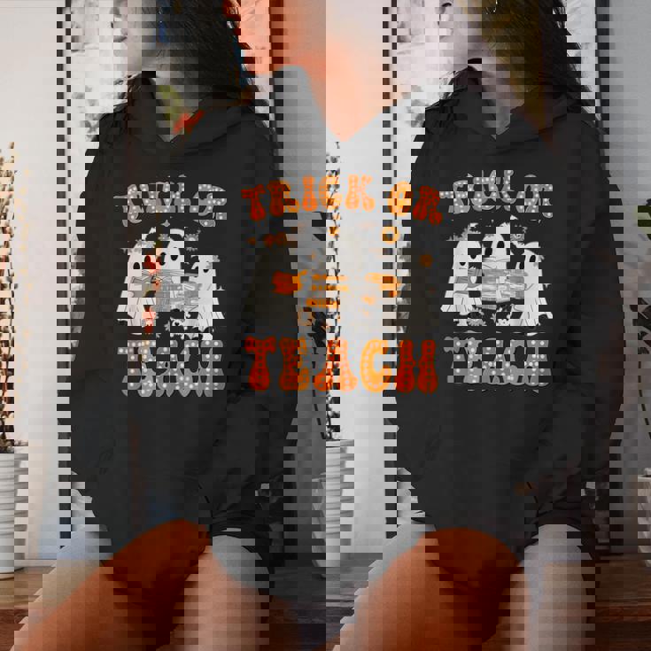 Teacher Halloween Trick Or Teach Retro Groovy Floral Ghost Women Hoodie Gifts for Her Teacher Halloween Trick Or Teach Retro Groovy Floral Ghost Women Hoodie Gifts for Her