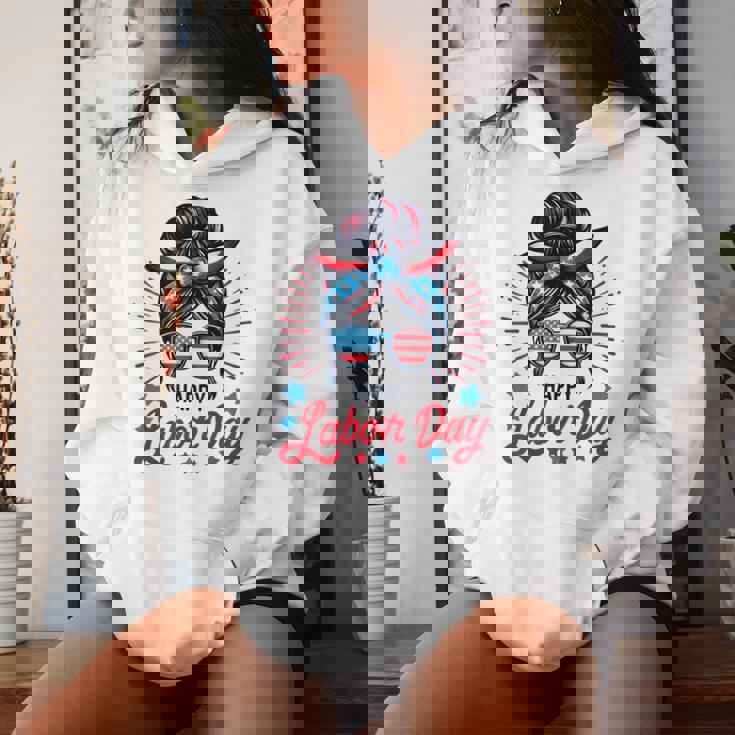 Happy Labor Day Labor Day Messy Bun Usa Flag Women Hoodie Gifts for Her
