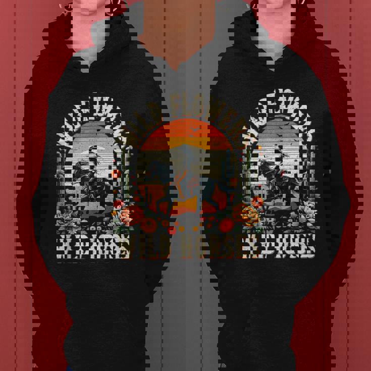 Sunset Cowgirl Riding Horse Wild Flowers Wild Horses Women Hoodie