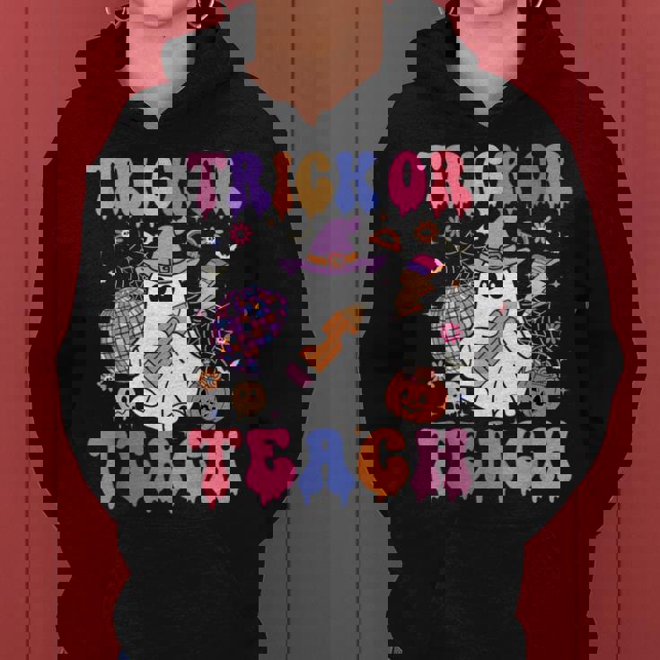 Trick Or Teach Groovy Halloween Floral Ghost Teacher Women Hoodie