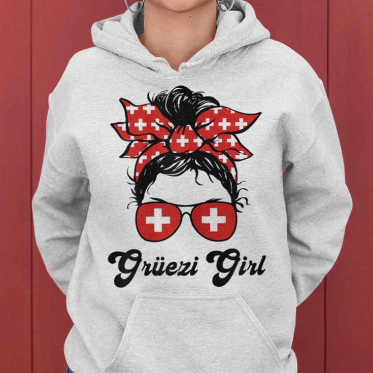 Grüezi Girls' Switzerland Flag Messy Bun Switzerland Women's Blue Kapuzenpullover für Damen