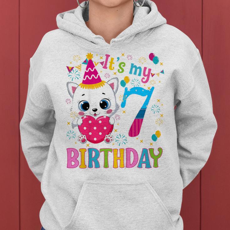 Kinder 7 Geburtstag Katze Mädchen Kätzchen Geburtstag Mädchen 7 Jahre Alt Kapuzenpullover für Damen