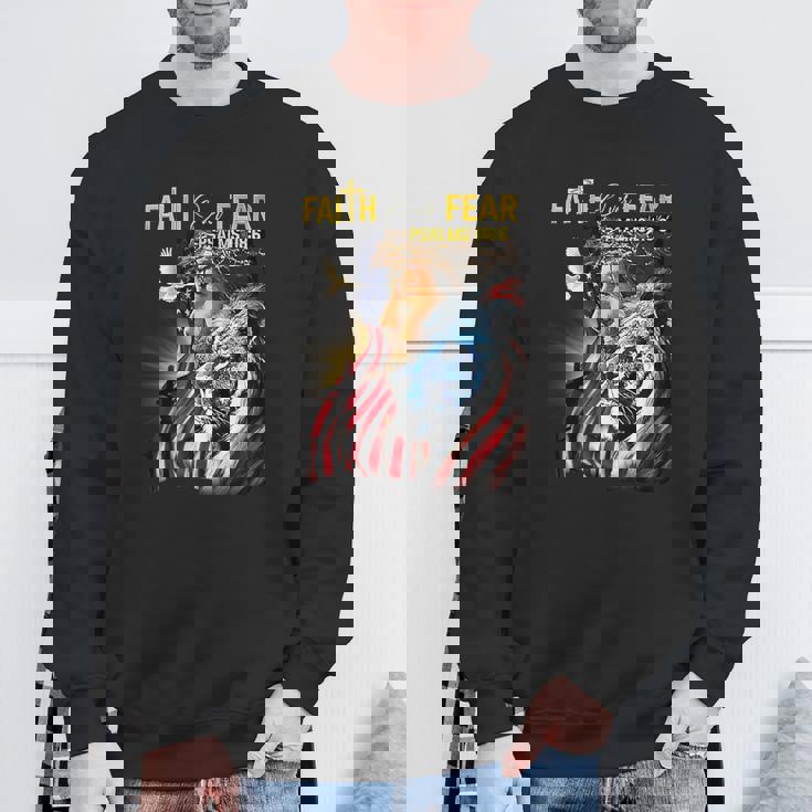Faith Over Fear American Flag Jesus Christ Lion Sweatshirt Gifts for Old Men