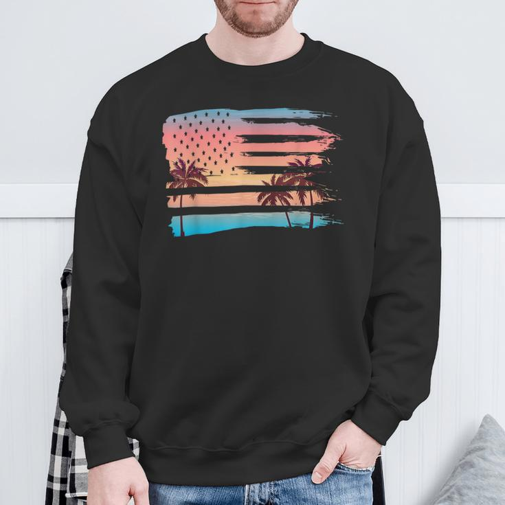 Vintage Tropical Summer-Holiday And Usa Flag Beach Palm Tree Sweatshirt Gifts for Old Men