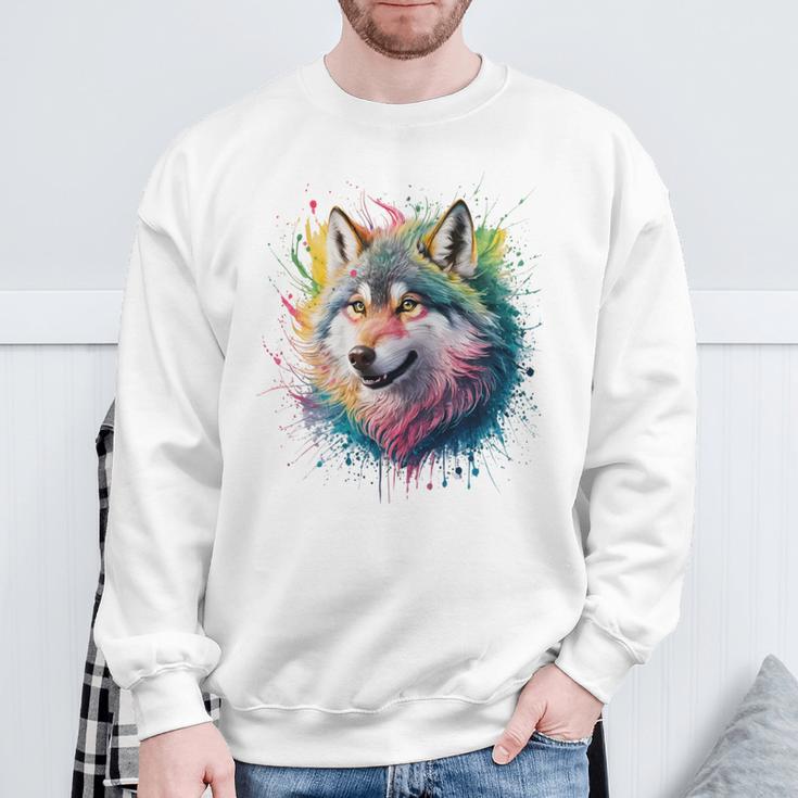 Wolf Herren Damen Bunt Aquarell Wolf Sweatshirt Geschenke für alte Männer