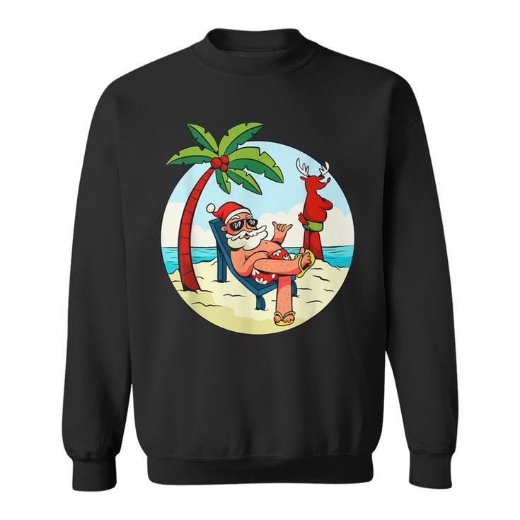 Santa Claus Reindeer Beach Swimming Trunks Palm Trees Christmas Sweatshirt