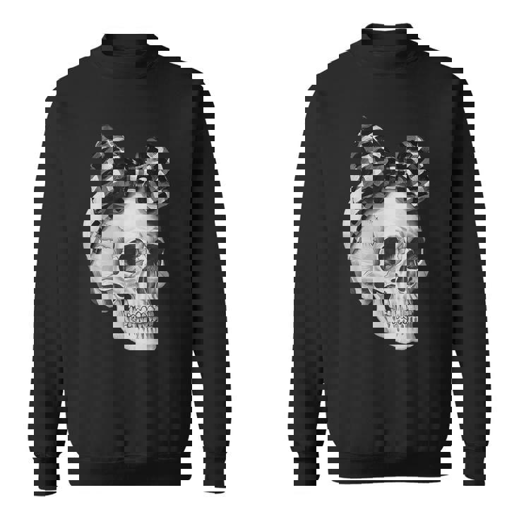 Skull Coquette Bow Halloween Black And White Checkered Bow Sweatshirt