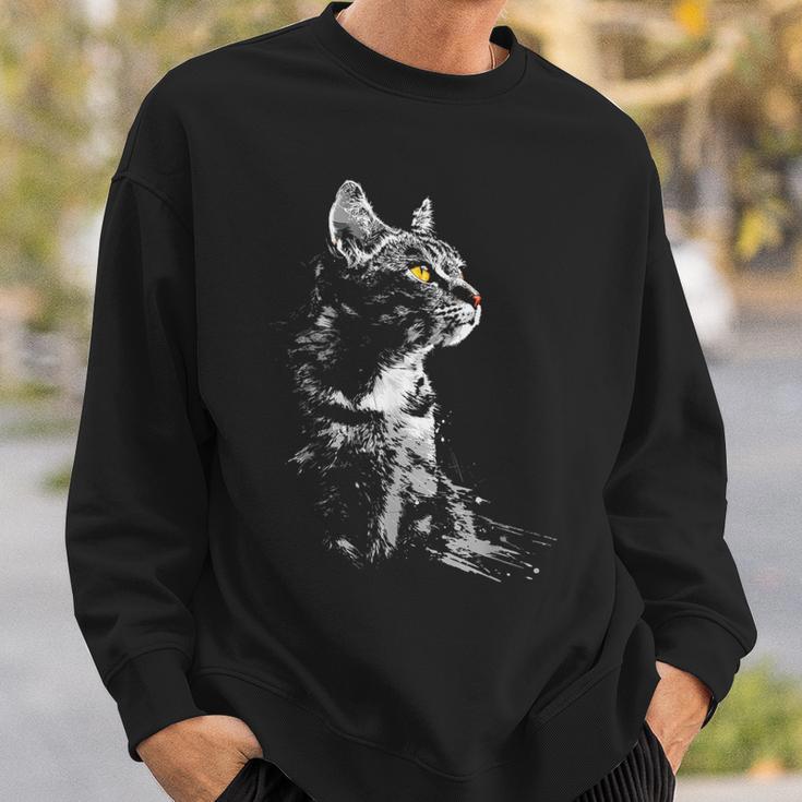 Katze Zeichnung Portrait Tierkunst Grafik Motiv Katze Sweatshirt Geschenke für Ihn