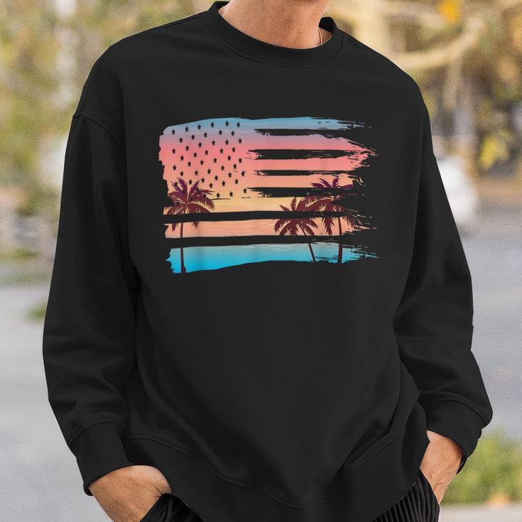 Vintage Tropical Summer-Holiday And Usa Flag Beach Palm Tree Sweatshirt Gifts for Him
