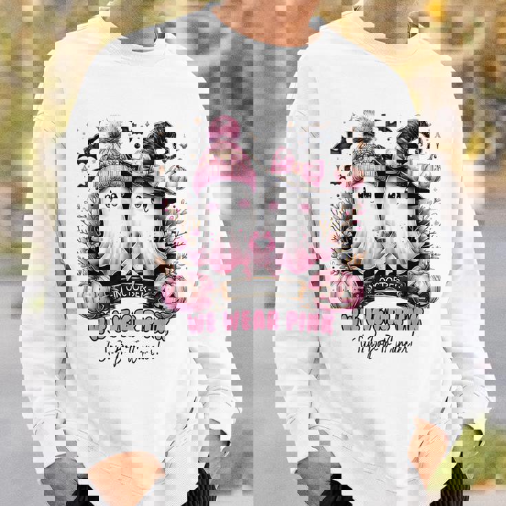 In October We Wear Pink Ghost Witch Breast Cancer Awareness Sweatshirt Gifts for Him