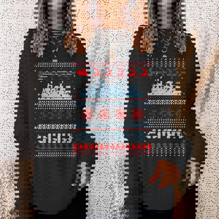 Chicago Flag City Skyline Chicago Fan Ugly Christmas Sweater Sweatshirt Gifts for Her