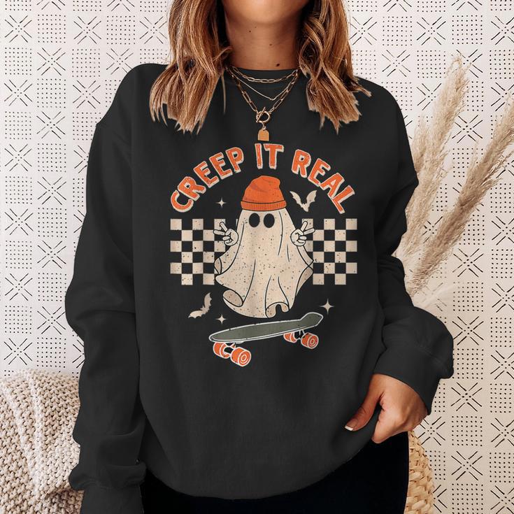 Creep It Real Skateboarding Ghost Retro Halloween Costume Sweatshirt Gifts for Her Creep It Real Skateboarding Ghost Retro Halloween Costume Sweatshirt Gifts for Her
