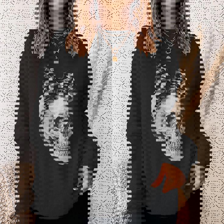 Skull Coquette Bow Halloween Black And White Checkered Bow Sweatshirt Gifts for Her