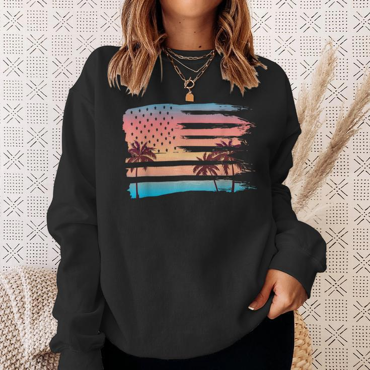 Vintage Tropical Summer-Holiday And Usa Flag Beach Palm Tree Sweatshirt Gifts for Her