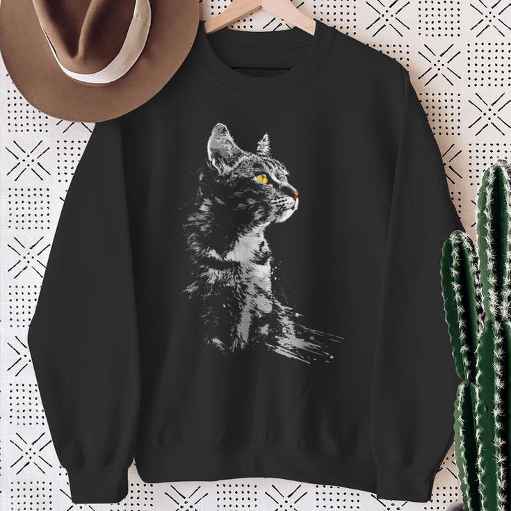 Katze Zeichnung Portrait Tierkunst Grafik Motiv Katze Sweatshirt Geschenke für alte Frauen