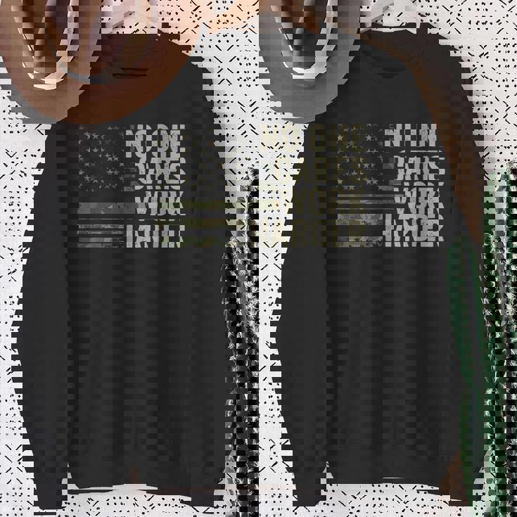 No One Cares Work Harder Motivational Workout Gym Camo Sweatshirt Gifts for Old Women