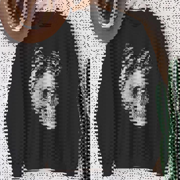 Skull Coquette Bow Halloween Black And White Checkered Bow Sweatshirt Gifts for Old Women