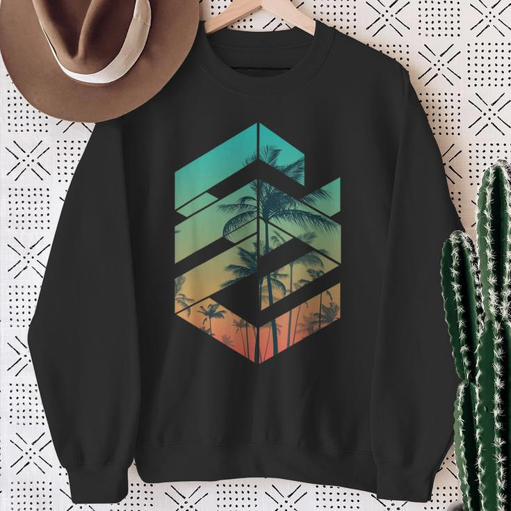 Vintage Tropical Summer-Holiday Sunset & Beach Palm Tree Sweatshirt Gifts for Old Women