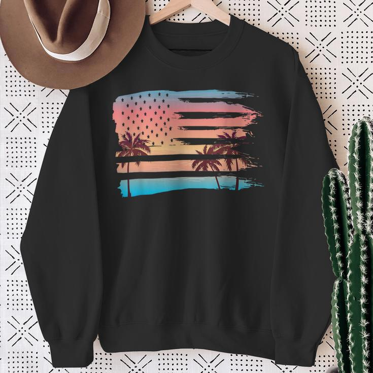 Vintage Tropical Summer-Holiday And Usa Flag Beach Palm Tree Sweatshirt Gifts for Old Women