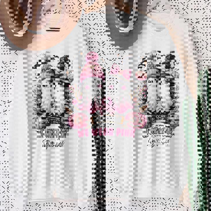 In October We Wear Pink Ghost Witch Breast Cancer Awareness Sweatshirt Gifts for Old Women
