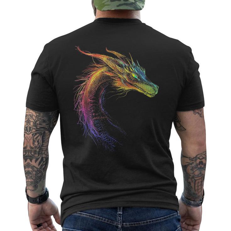 Drachen-Zeichnung Buntes Tier-Kunstwerk Fantasy-Drache T-Shirt mit Rückendruck