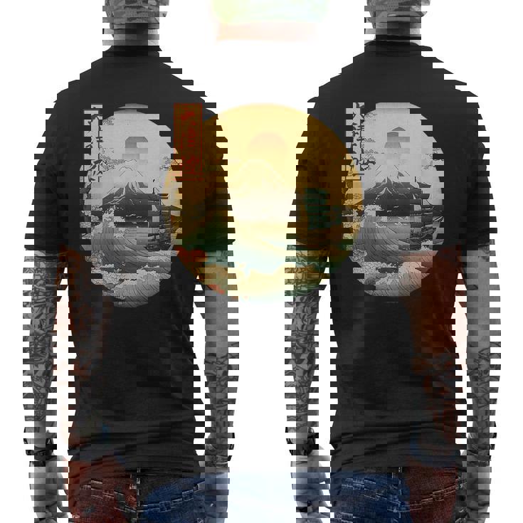 Fuji Kanji Japón Antiguo Barco Y Montaña Japonés Arte Camiseta Hombre Estampado Espalda