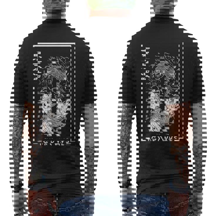 Japonés Koi Fish Blanco Negro Dibujado Minimalista Japón Arte Camiseta Hombre Estampado Espalda
