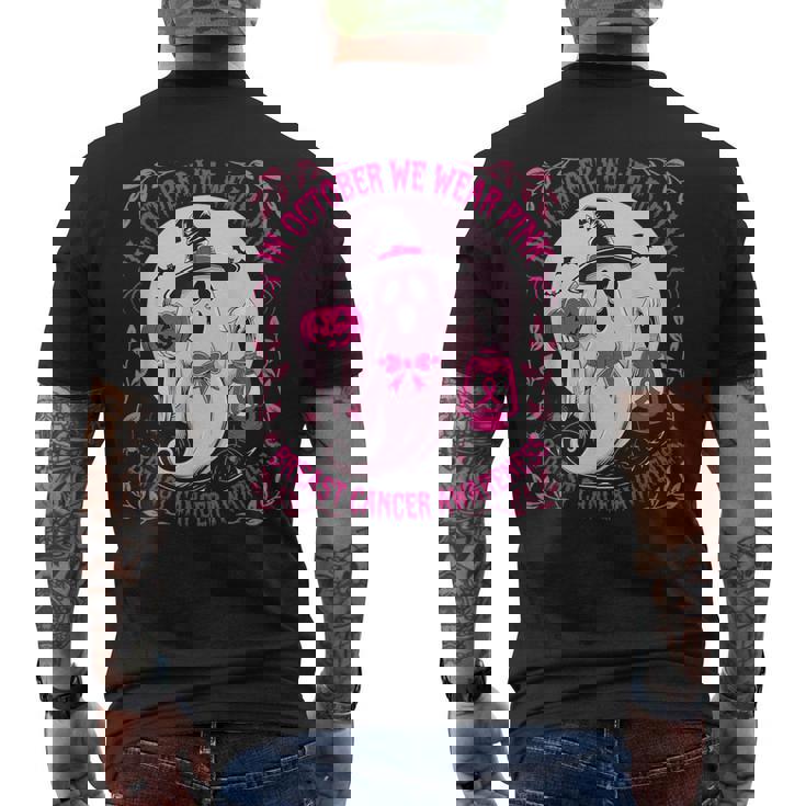 October We Wear Pink Ghost Halloween Pumpkins Breast Cancer Men's T-shirt Back Print