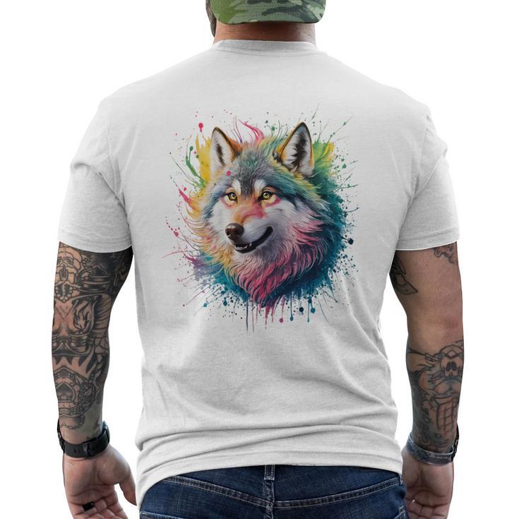 Wolf Herren Damen Bunt Aquarell Wolf T-Shirt mit Rückendruck