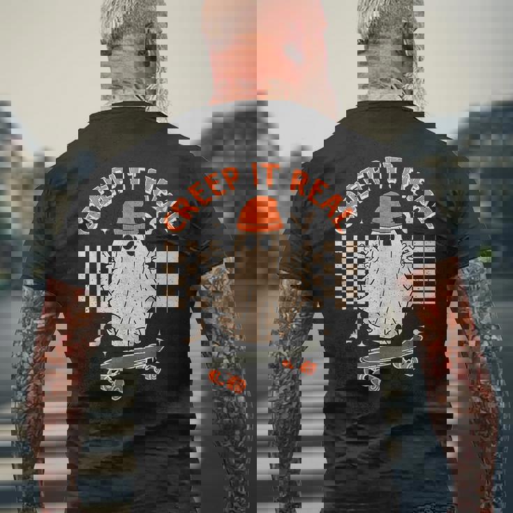 Creep It Real Skateboarding Ghost Retro Halloween Costume Men's T-shirt Back Print Gifts for Old Men