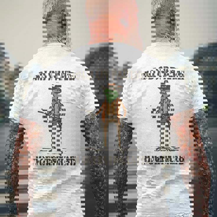 Divertente Hold On Partner I'm Overstimulated T-shirt da uomo con stampa posteriore Regalos para ancianos