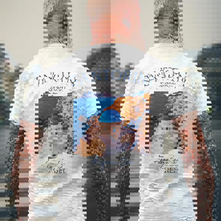 Greek Island Santorini Greece Oia Village Blue Church Men's T-shirt Back Print Gifts for Old Men