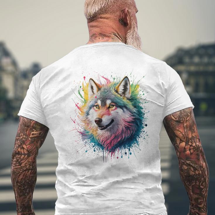 Wolf Herren Damen Bunt Aquarell Wolf T-Shirt mit Rückendruck Geschenke für alte Männer